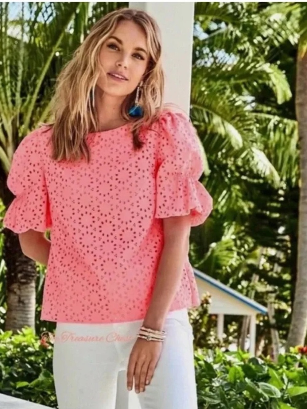 Lilly Pulitzer Shaila Puff-Sleeve Eyelet Blouse Size XL